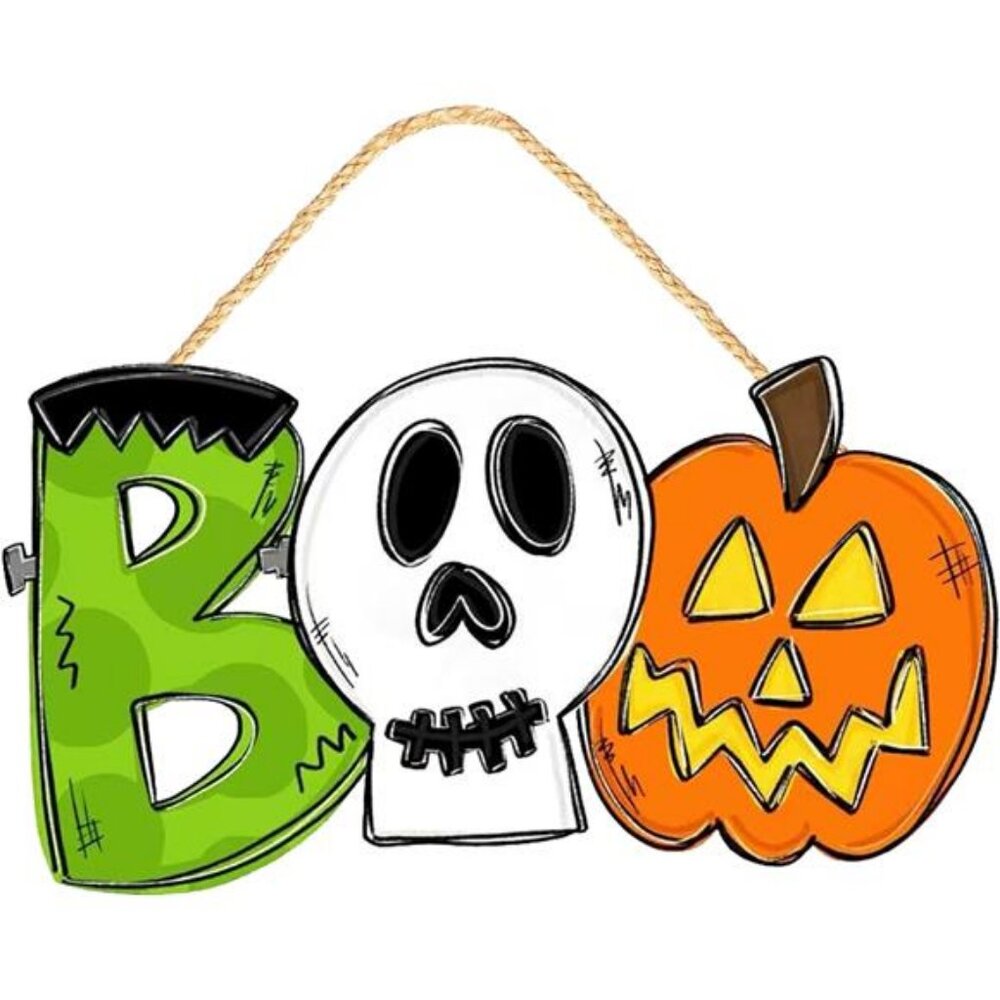 Halloween Decorations Wooden Door Sign for Front Door, Pumpkin BOO Sign Hanging
